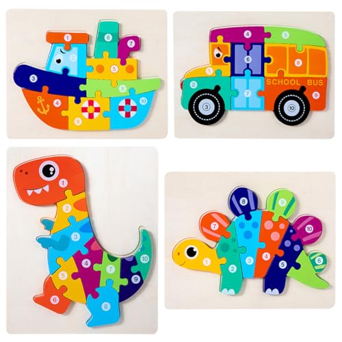 Holzpuzzle für Kinder, Steckpuzzle Holz ab 2 3 4 Jahren Montessori Spielzeug-Spielzeug, Geschenk für 1 2 3 jährige Jungen und Mädchen - 4er-Pack (Dinosaurier und Boot) von HUADADA