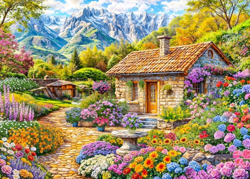 Puzzle 1000 Teile für Erwachsene, klassisches Lernspiel-Bunte Blumen und Haus-Wunderschönes Dekoration Puzzle Geschenke von HUADADA