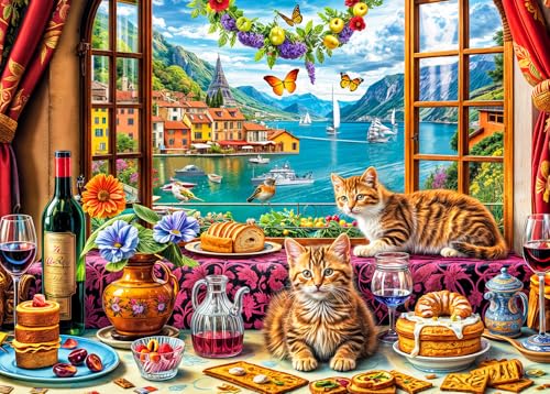 Puzzle 1000 Teile für Erwachsene,Puzzle klassisches Lernspiel-Glückliche Katze und schöne Aussicht aus dem Fenster-Wunderschönes Dekoration Geschenke von HUADADA