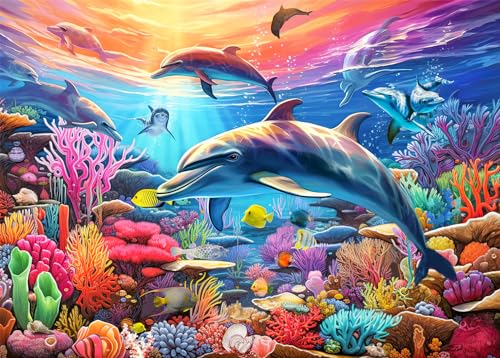 Puzzle 500 Teile für Erwachsene,Puzzle klassisches Lernspiel-Bunte Delfine-Wunderschönes Dekoration Geschenke von HUADADA