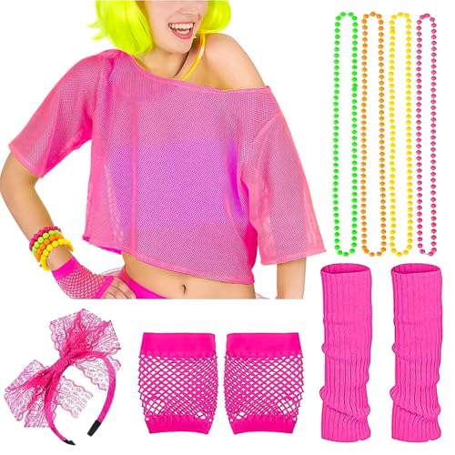 90er 80er Jahre Outfit Accessoires, 80er Jahre Outfit Damen Mottoparty Netzoberteil, Neon 80 Jahre Outfit Party, 80 Jahre Kostüm Zubehör Set kleidung Typisch Off Shoulder Netzshirt, Rose Rot von HUAEDNWKYI
