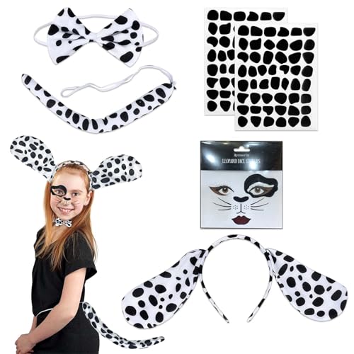 HUAEDNWKYI Dalmatiner Kostüm-Set für Junge Leute - Mit flauschigem Hundeohren Stirnband, Dalmatiner-Schwanz und glitzernden Masken-Aufklebern HUAEDNWKYI Dalmatiner Kostüm-Set für Junge Leute - Mit flauschigem Hundeohren Stirnband, Dalmatiner-Schwanz und glitzernden Masken-Aufklebern von HUAEDNWKYI