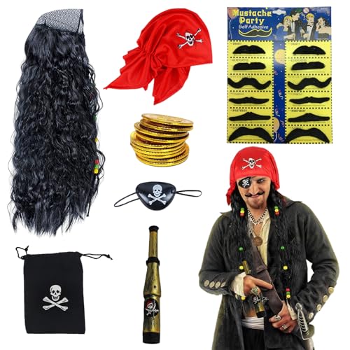 HUAEDNWKYI Piraten Kostüm Zubehör Set, Jack Sparrow Piratenkostüm XXL - Komplettes Herren Piratenkostüm Set mit Augenklappe, Perücke und Münzen – Ideal für Halloween und Piratenpartys von HUAEDNWKYI