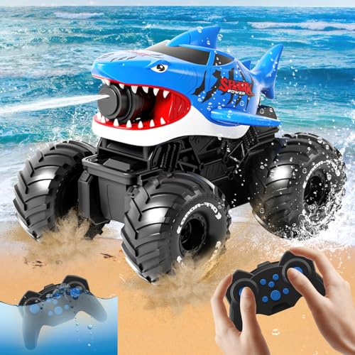 Amphibisches Ferngesteuertes Auto, 4WD 360° Rotation 2.4GHz RC Ferngesteuerter Haifischtruck, mit Sprühwasser, Wiederaufladbares Ferngesteuertes Amphibienfahrzeug als Geschenk für Kinder 3-12 Jahre von HUAJUN
