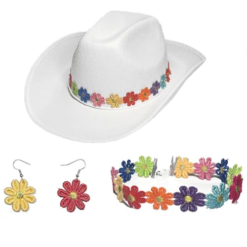 HUANGGG 3-teiliges Set mit aufgerollten Krempen, Hut und baumelnden Ohrringen + Blumen-Choker-Set für Damen, Karneval, Fotografie, Sonnenaufschlag HUANGGG 3-teiliges Set mit aufgerollten Krempen, Hut und baumelnden Ohrringen + Blumen-Choker-Set für Damen, Karneval, Fotografie, Sonnenaufschlag von HUANGGG