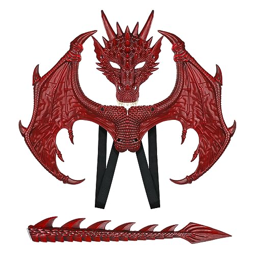HUAPOPMU Creative Halloween Dragon Wings Mask Set Dragon Mask Costume Masquerade Cosplay Costume Props for Children Boys Girls (red) von HUAPOPMU