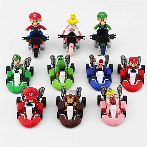 Supe Mari Bros Kart, zum Rückziehen, Autos, Motorrad, Luigi, Yoshi, Kröte, Prinzessin, Pfirsich, Esel, Kong, 6,3 cm, für Kinder + Geschenk (10 Stück) von HUAWELL