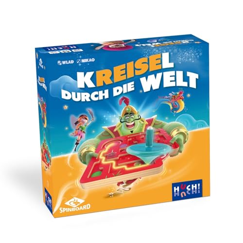 HUCH! | Kreisel durch die Welt | kooperatives Geschicklichkeitsspiel | mit innovativem Kreisel-Starter | Kindergeburtstag | Reist durch 8 Welten und erfüllt die Aufgaben! | für 1-4 Spieler ab 6 Jahren von HUCH!