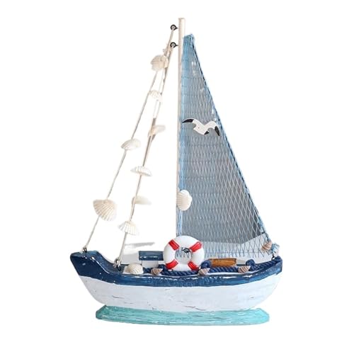 HUGGES Segelboot-Modell, Tischplatte, gravierte Dekoration, Kunstharz, Holz, Mini-Bastelboot für Schreibtisch, 26 cm, weißes Muschel-Segelboot 1 von HUGGES