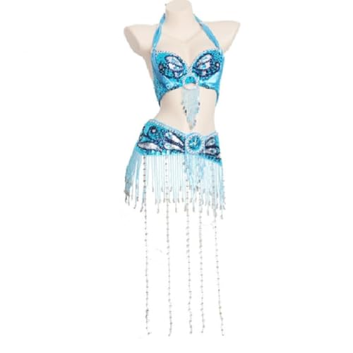 HUHAUST Damen Karnevals-Outfit Perlenquaste Bauchkostüme Halloween-Kleidung Tribal Bauchkleider Strass BH Top Pailletten Gürtel (A,S) von HUHAUST