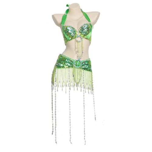 HUHAUST Damen Karnevals-Outfit mit Perlenquaste und Bauchkostüm, Halloween-Kleidung, Tribal-Bauchkleider, Strass-BH, Top, Pailletten-Gürtel (B,S) von HUHAUST