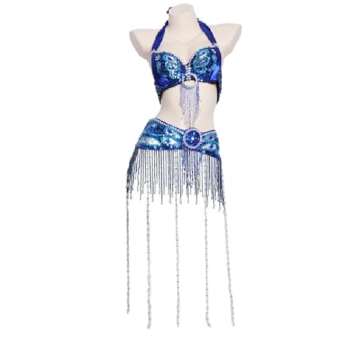 HUHAUST Damen-Karnevals-Outfit mit Perlenquasten, Bauchkostüm, Halloween-Kleidung, Tribal-Bauchkleider, Strass-BH, Top, Pailletten-Gürtel (Blau, M) von HUHAUST