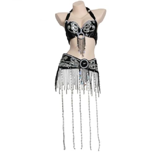 HUHAUST Damen-Karnevals-Outfit mit Perlenquasten, Bauchkostüm, Halloween-Kleidung, Tribal-Bauchkleider, Strass-BH, Top, Pailletten-Gürtel (Dunkelgrau, M) von HUHAUST
