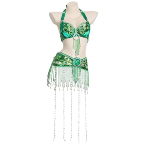 HUHAUST Damen-Karnevals-Outfit mit Perlenquasten, Bauchkostüm, Halloween-Kleidung, Tribal-Bauchkleider, Strass-BH, Top, Pailletten-Gürtel (Grün, S) von HUHAUST