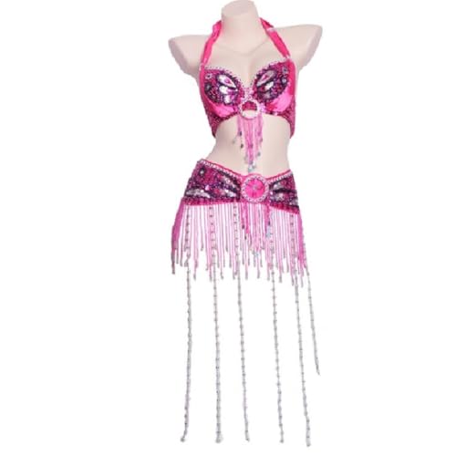 HUHAUST Damen-Karnevals-Outfit mit Perlenquasten, Bauchkostüm, Halloween-Kleidung, Tribal-Bauchkleider, Strass-BH, Top, Pailletten-Gürtel (Rose, M) von HUHAUST
