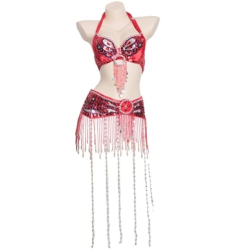 HUHAUST Damen-Karnevals-Outfit mit Perlenquasten, Bauchkostüm, Halloween-Kleidung, Tribal-Bauchkleider, Strass-BH, Top, Pailletten-Gürtel (Rot, L) von HUHAUST