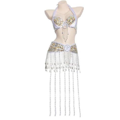 HUHAUST Damen-Karnevals-Outfit mit Perlenquasten, Bauchkostüm, Halloween-Kleidung, Tribal-Bauchkleider, Strass-BH, Top, Pailletten-Gürtel (Weiß, M) von HUHAUST