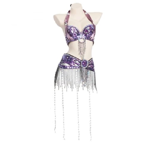 HUHAUST Damen-Karnevals-Outfit mit Perlenquasten, Bauchkostüm, Halloween-Kleidung, Tribal-Bauchkleider, Strass-BH, Top, Pailletten-Gürtel (lila, XL) von HUHAUST