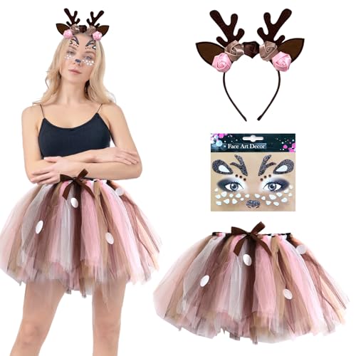 Damen Geweih Rentier Kostüm - Tutu Rock für Karneval, Fasching, Cosplay und Mottoparty von HUIKUANGEU