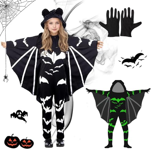 HUIKUANGEU Fledermaus Kostüm Kinder,Halloween Kostüm,Fledermaus Umhang,Karnevalskostüme,Fledermausflügel Vampir,Kostüm für Kinder Glow in The Dark,für Karneval,Fasching,Mottoparty,Halloween von HUIKUANGEU