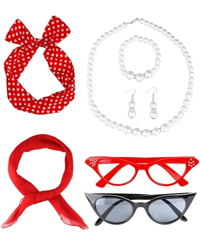 50er Jahre Vintage Party Outfit für Frauen Retro Polka Dot Set mit Ohrringen Halskette Schal Katzenauge Brille Taschentuch Krawatte Stirnband Stilvolle 50er Jahre für Frauen Greaser Outfit Perfekt für von HUIYELOVE