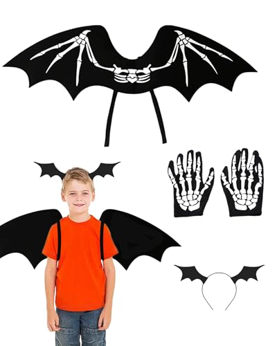 HUIYELOVE Halloween-Kostüm-Set mit Stirnband, Skelettflügeln und Handschuhen für Kinder, leicht, bequem, Polyester, perfekt für Halloween-Party, Cosplay, Events, schwarze Flügel, klassisches Design von HUIYELOVE