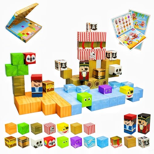 HUIZHOU Magnetic Blocks Set,Magnetische Bausteine,Magnet bausteine Kinder Lernspielzeug zur geistigen Entwicklung Kreativität Magnetische Bausteine für Kinder 3-8 Jahre(Piratenschiff 100PCS) von HUIZHOU