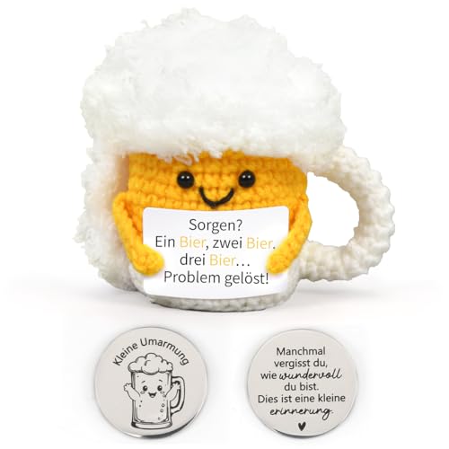 HUKUMA Bier Geschenke für Männer,Gestrickte Puppe Bier Anti Stress Geschenke,Positive Kuscheltier,Gehäkeltes Emotional Support Geschenk,Pocket Hug Stress Relief Gifts von HUKUMA
