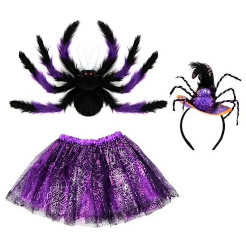 HUKUMA Halloween Kostüm Kinder,Spinne Kostüm Mädchen, Spinnenkostüm mit Tüllrock Spinnenrucksack Spinne Haarreifen, Costume Kids für Halloween, Karnevals, Fasching, Cosplay Themenpartys von HUKUMA