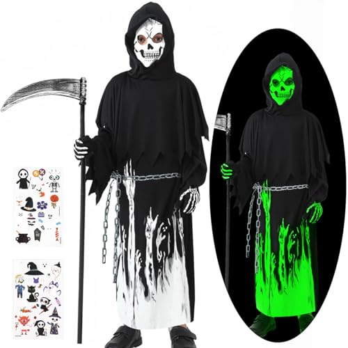 HUKUMA Sensenmann Kostüm Kinder, Halloween Kostüm Glow in the Dark, Gruselig Grim Reaper Costume Leuchtet, mit Sensenmann Jumpsuits, Latexmaske, Handschuhen, Sense,Taillenkette und Tattoo-Aufkleber von HUKUMA