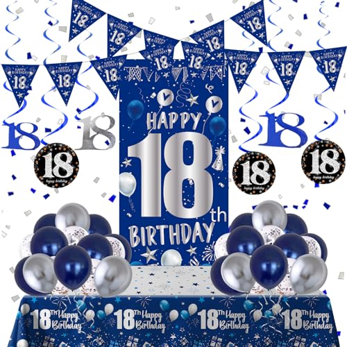 18 Geburtstag Deko,42PCS 18. Geburtstag Junge Männer Frauen Blau Dekorationen Banner, Hängend Wirbel Spiral-Anhänger, 18. Geburtstag Deko Lange Banner Tischtuch,Geburtstagsdeko 18 Konfetti Luftballons 18 Geburtstag Deko,42PCS 18. Geburtstag Junge Männer Frauen Blau Dekorationen Banner, Hängend Wirbel Spiral-Anhänger, 18. Geburtstag Deko Lange Banner Tischtuch,Geburtstagsdeko 18 Konfetti Luftballons von HULASO