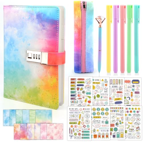 HULASO Tagebuch mit Schloss, Tagebuch mit Code für Mädchen, Ostergeschenke für ab 6+ jährige Mädchen, Geschenke Set, Stift Aufkleber Scrapbook-Papier Mäppchen für Reisetagebuch Studiennotizen von HULASO