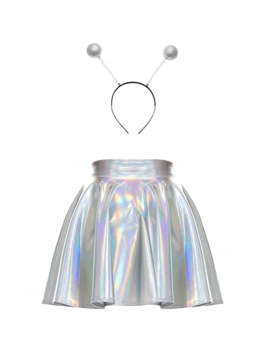 HULIJA Damen Alien Kostüm Alien Haarreif mit Metallischem Faltenrock Set Antenna Stirnband Holographischer Mini Rock Astronauten Space Girl Karneval B Silber S HULIJA Damen Alien Kostüm Alien Haarreif mit Metallischem Faltenrock Set Antenna Stirnband Holographischer Mini Rock Astronauten Space Girl Karneval B Silber S von HULIJA