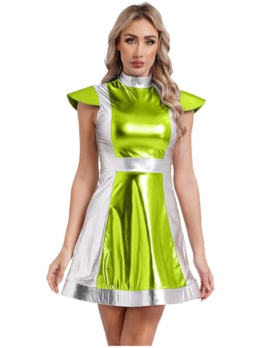 HULIJA Damen Alien Kostüm glänzende metallische Astronaut Raumfrau Kleid für Halloween Cosplay Rollenspiel Grün M von HULIJA