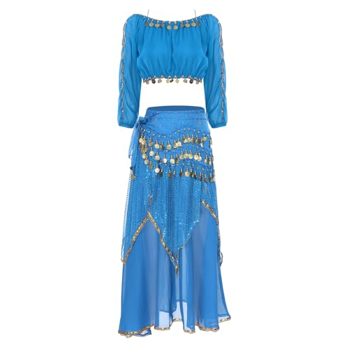 HULIJA Damen Bauchtanz Kostüm Set Indische Tanz Outfits Split Langarm Braufrei Oberteil mit Chiffon Rock Bauchtänzerin Tanzkleidung Hellblau M HULIJA Damen Bauchtanz Kostüm Set Indische Tanz Outfits Split Langarm Braufrei Oberteil mit Chiffon Rock Bauchtänzerin Tanzkleidung Hellblau M von HULIJA