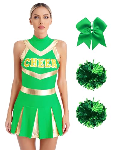 HULIJA Damen Cheer Leader Kostüm Ärmellos Cheer Kleid mit CHEER Druck + Pompoms + Stirnband Cheerleading Uniform Karneval Fasching Grün L von HULIJA