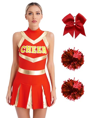 HULIJA Damen Cheer Leader Kostüm Ärmellos Cheer Kleid mit CHEER Druck + Pompoms + Stirnband Cheerleading Uniform Karneval Fasching Rot S von HULIJA