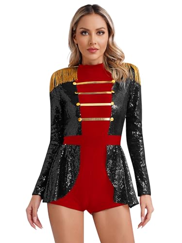 HULIJA Damen Zirkus Kostüm Langarm Zirkusdirektor Body Overall mit Pailletten Weihnachten Kostüm Karneval Party Cosplay Outfits Schwarz 4XL von HULIJA