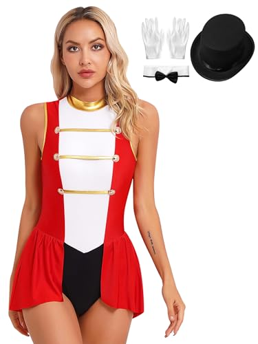 HULIJA Damen Zirkus Kostüm Langarm Zirkusdirektor Kleid mit Pailletten + Zylinder + Handschuhe + Halsumfang Karneval Party Cosplay B Rot 3XL von HULIJA