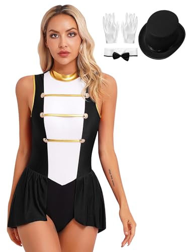 HULIJA Damen Zirkus Kostüm Langarm Zirkusdirektor Kleid mit Pailletten + Zylinder + Handschuhe + Halsumfang Karneval Party Cosplay B Schwarz 4XL von HULIJA