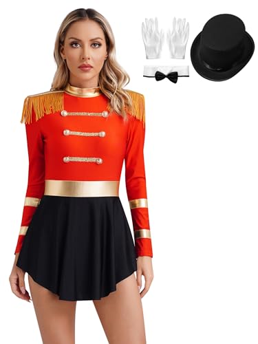 HULIJA Damen Zirkus Kostüm Langarm Zirkusdirektor Kleid mit Pailletten + Zylinder + Handschuhe + Halsumfang Karneval Party Cosplay C Rot XXL von HULIJA