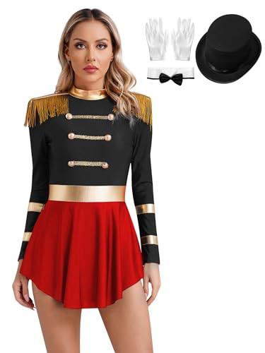 HULIJA Damen Zirkus Kostüm Langarm Zirkusdirektor Kleid mit Pailletten + Zylinder + Handschuhe + Halsumfang Karneval Party Cosplay C Schwarz 3XL von HULIJA