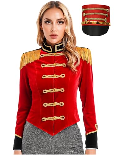 HULIJA Damen Zirkus Kostüm Set Quasten Samt Jacke mit Hut Stehkragen Blazer Mantel Zirkusdirektor Verkleidung Karneval Faschingkostüm Rot XXL HULIJA Damen Zirkus Kostüm Set Quasten Samt Jacke mit Hut Stehkragen Blazer Mantel Zirkusdirektor Verkleidung Karneval Faschingkostüm Rot XXL von HULIJA