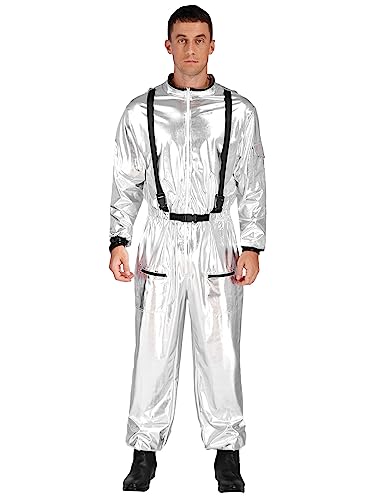 HULIJA Herren Wetlook Astronaut Kostüm Stehkragen Bodysuit Overall Weltraumfahreranzug Kostüm Karneval Party Cosplay Verkleidung Silber 3XL von HULIJA