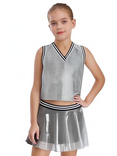 HULIJA Kinder Mädchen 2-teiliges Tanzkostüm Metallic Plaid Tank Tops Mit Röcken Skorts Set Tanzoutfit Jazz Hip-Hop-Shows Silber 134-140 HULIJA Kinder Mädchen 2-teiliges Tanzkostüm Metallic Plaid Tank Tops Mit Röcken Skorts Set Tanzoutfit Jazz Hip-Hop-Shows Silber 134-140 von HULIJA