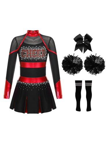 HULIJA Kinder Mädchen Cheer Leader Kleid Cheerleading Uniform mit Pompoms + Socken + Kopfschmuck Karneval Cosplay Party Outfit A Rot schwarz 110-116 von HULIJA