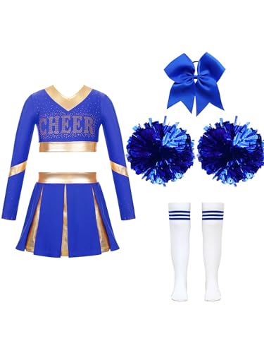 HULIJA Kinder Mädchen Cheer Leader Kostüm Langarm Cheer Crop Top + Minirock + Socken + Pompoms + Kopfbedeckung Cosplay Party Ein Blau 134-140 von HULIJA