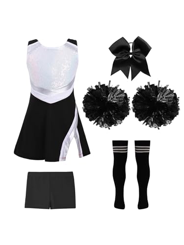 HULIJA Kinder Mädchen Cheer Leadering Kostüm Ärmellos Cheer Leader Uniform mit Shorts + Pompoms + Socken + Kopfschmuck Cosplay Party Outfit Ein Schwarz-Weiß 134-140 von HULIJA