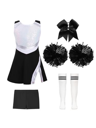 HULIJA Kinder Mädchen Cheer Leadering Kostüm Ärmellos Cheer Leader Uniform mit Shorts + Pompoms + Socken + Kopfschmuck Cosplay Party Outfit Ein Weiß&Schwarz 134-140 von HULIJA