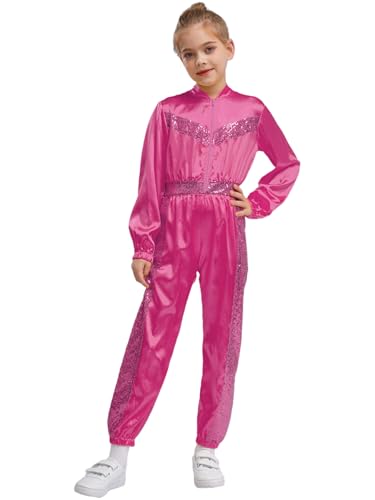HULIJA Kinder Mädchen Pailletten Jumpsuit Ganzkörperanzug Langarm Tanzanzug Einteilige Bodysuit Festliche Kleidung Disco Kostüm Hot Pink 158-164 von HULIJA
